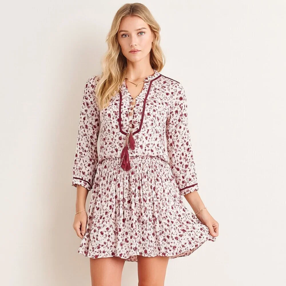 POUPETTE ST BARTH Donna Tunica Mini Dress in Rayon Georgette Print Purple Tassel - Picture 1 of 11